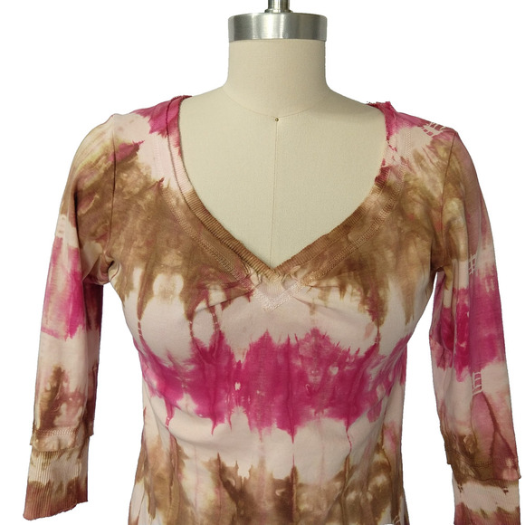 Vintage 90s Glima Tie Dye Top Size S Pink Brown V Neck ASO 1990s Raw Hem - Picture 2 of 8